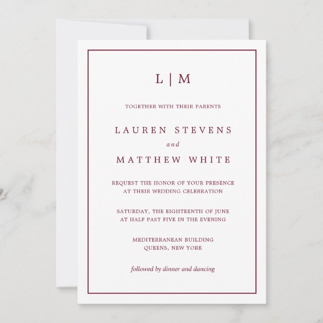 Invitation Simple Mariage Monogramme Élégant de Bourgogne (Devant)