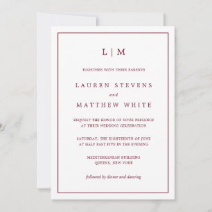 Invitation Simple Mariage Monogramme Élégant de Bourgogne