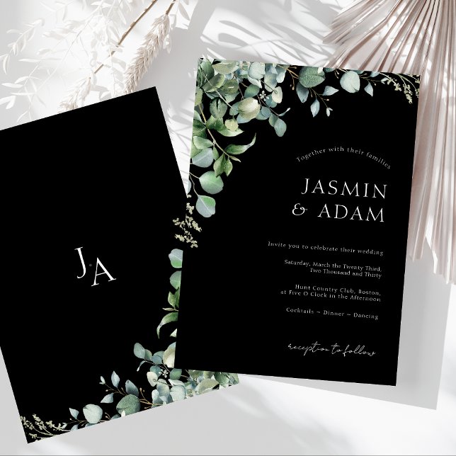 Invitation Simple Mariage Monogramme Eucalyptus Noir (Simple Black Greenery Eucalyptus Monogram Wedding Invitation)