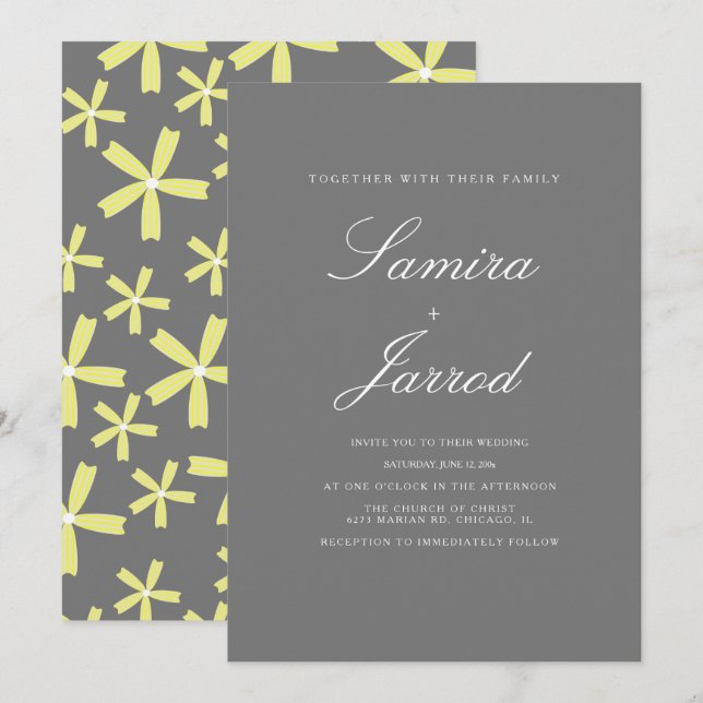 Invitation Simple Mariage Motif Floral Jaune et Gris (Devant / Derrière)