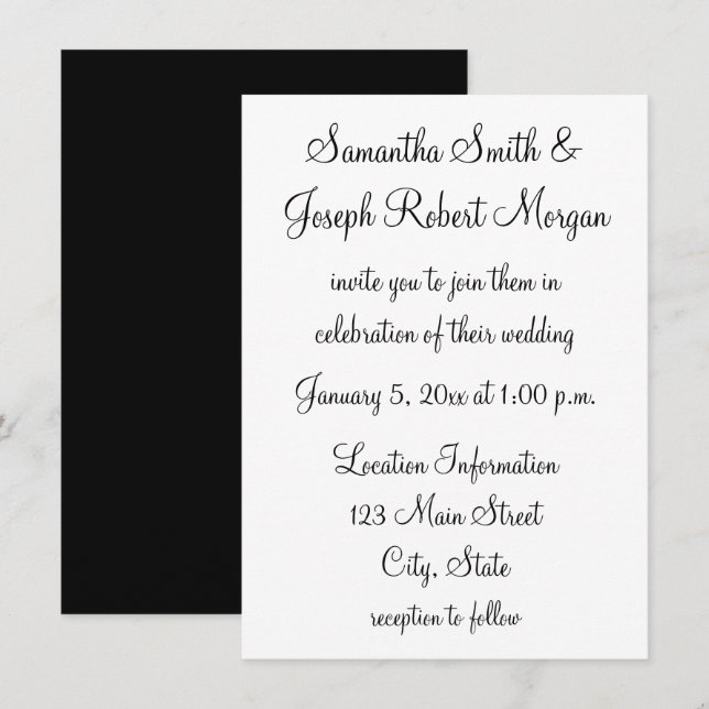 Invitation Simple Mariage Noir et Blanc (Devant / Derrière)