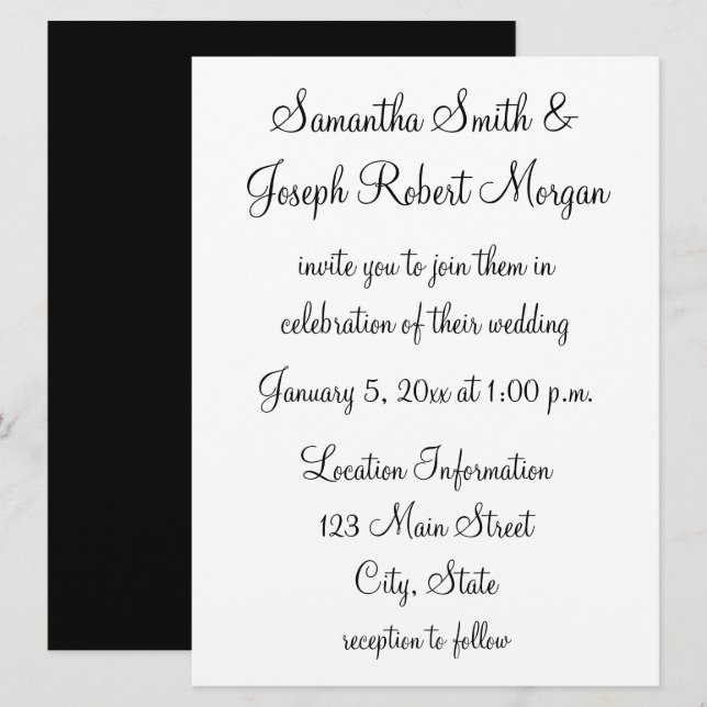 Invitation Simple Mariage Noir et Blanc (Devant / Derrière)