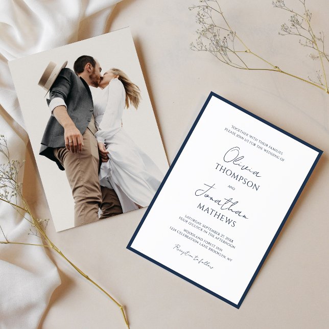 Invitation Simple mariage photo avec bordure bleu marine (Créateur téléchargé)