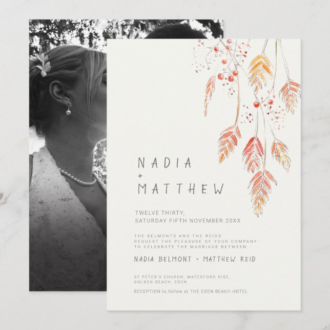 Invitation Simple mariage photo avec herbe et baies d'automne (Devant / Derrière)