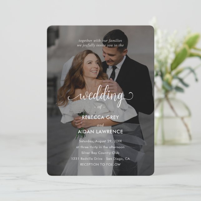 Invitation Simple Mariage Photo en surimpression noir et blan (Debout devant)