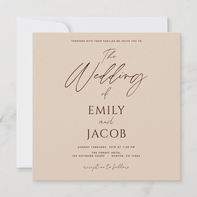 Invitation Simple Mariage Photo Script en terre cuite (Devant)