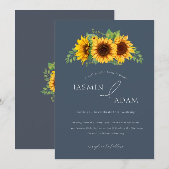 Invitation Simple Mariage Royal Bleu Bohème Tournesol (Devant / Derrière)