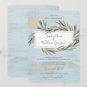 Invitation Simple Mariage Rustique Bleu Bois et Aquarelle Her
