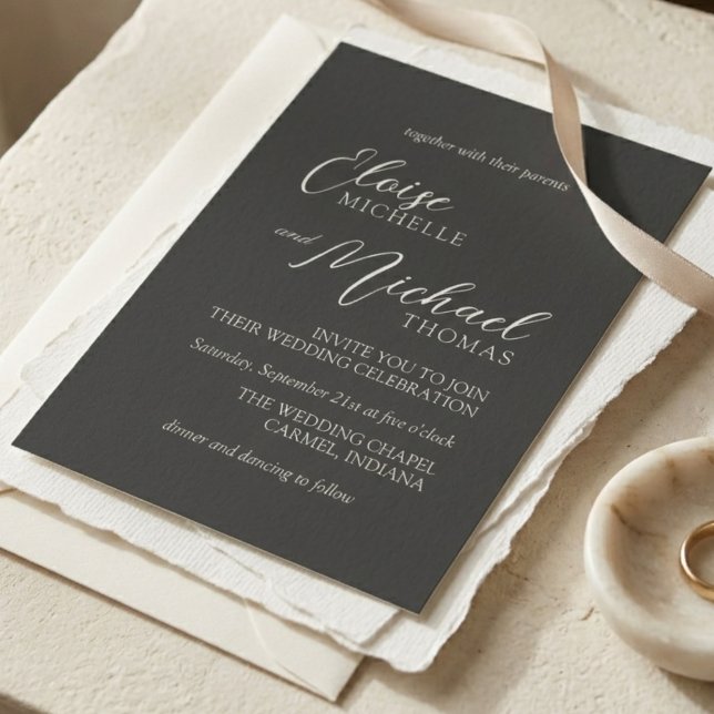 Invitation Simple Mariage Script Classique au Charbon (Simple Charcoal Classic Script Wedding Invitation)