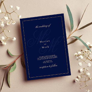 Invitation Simple marine bleu or monogramme initiales Mariage