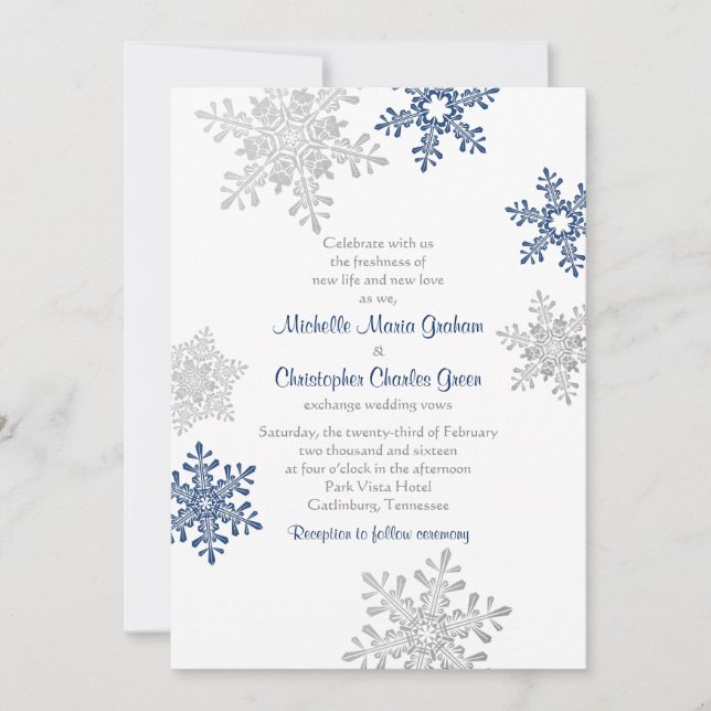 Invitation Simple Marine Blue Silver Snowflake Mariage d'hive (Devant)