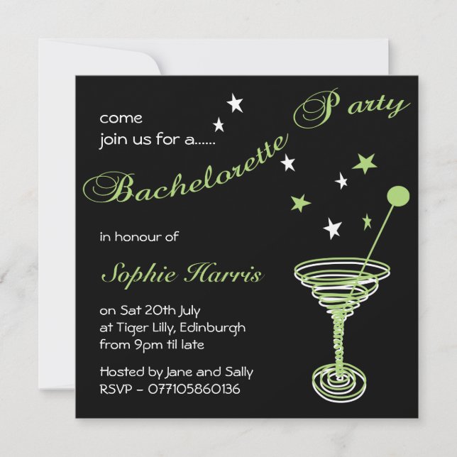 Invitation Simple Martini Green Swirl Bachelorette Party (Devant)