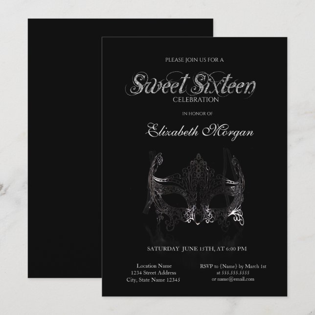 Invitation Simple Masque Argent Noir Sweet 16 (Devant / Derrière)