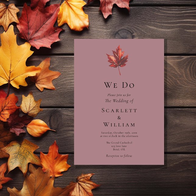 Invitation Simple Mauve À Feuilles D'Automne Minimale Nous Fa (Créateur téléchargé)