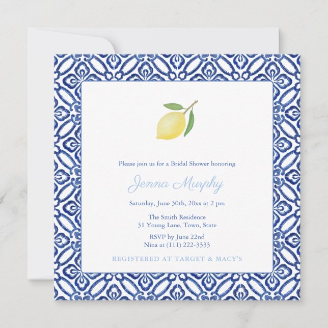 Invitation Simple Méditerranéen Carrelage Bleu Citron Mariage (Devant)