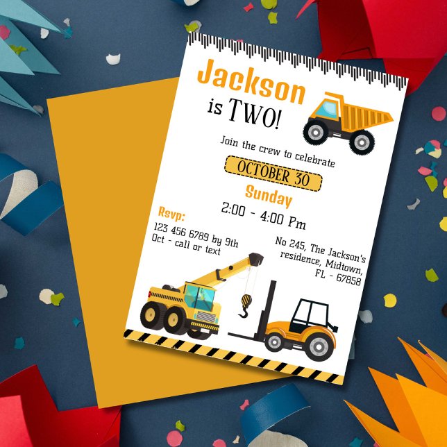 Invitation Simple mignon camion de construction enfants 2e an (Créateur téléchargé)