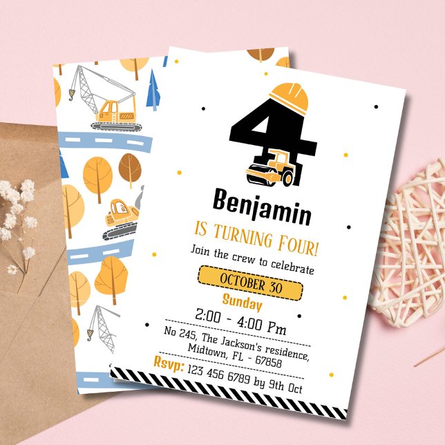 Invitation Simple mignon camion de construction enfants 4e an (Créateur téléchargé)