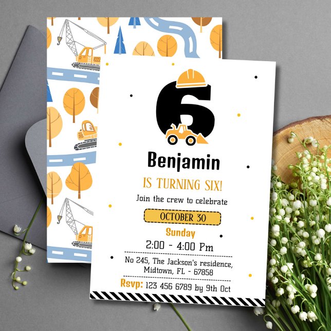 Invitation Simple mignon camion de construction enfants 6e an (Créateur téléchargé)
