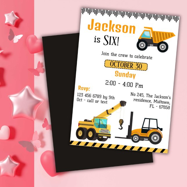 Invitation Simple mignon camion de construction enfants 6e an (Créateur téléchargé)