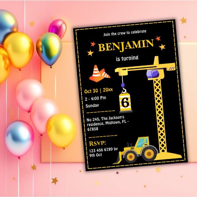 Invitation Simple mignon camion de construction enfants 6e an (Créateur téléchargé)