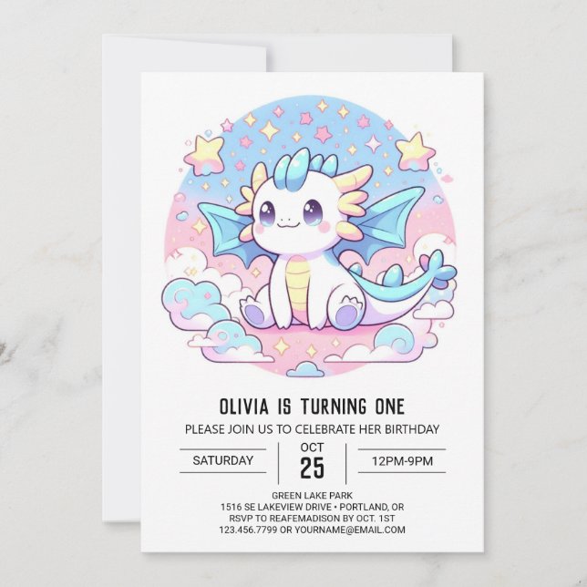 Invitation Simple mignon Dragon 1er anniversaire (Devant)