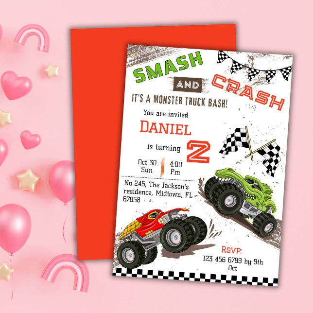 Invitation Simple mignon moderne camion monstre enfant 2e ann (Créateur téléchargé)