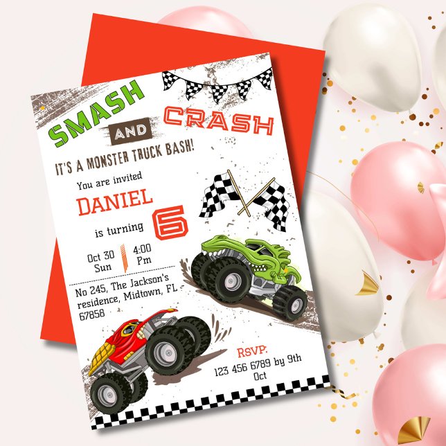 Invitation Simple mignon moderne camion monstre enfant 6e ann (Créateur téléchargé)