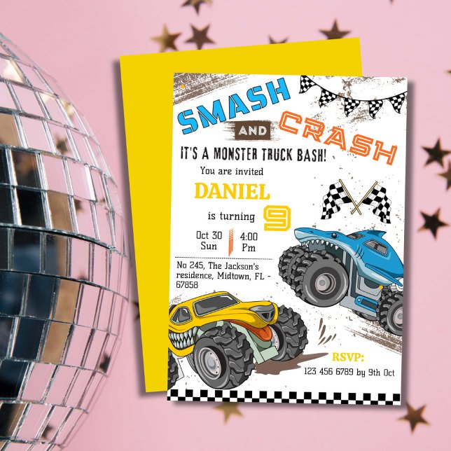 Invitation Simple mignon moderne camion monstre enfant 9e ann (Créateur téléchargé)