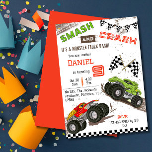 Invitation Simple mignon moderne camion monstre enfant 9e ann