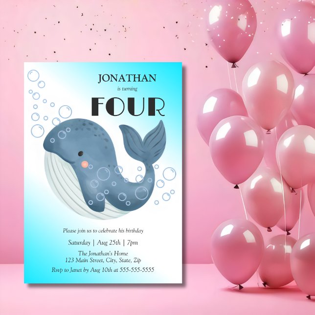 Invitation Simple mignonne Blue Whale Bubble Anniversaire (Créateur téléchargé)