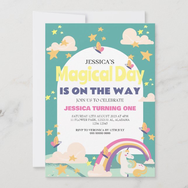 Invitation Simple mignonne fille photo Unicorn premier annive (Devant)