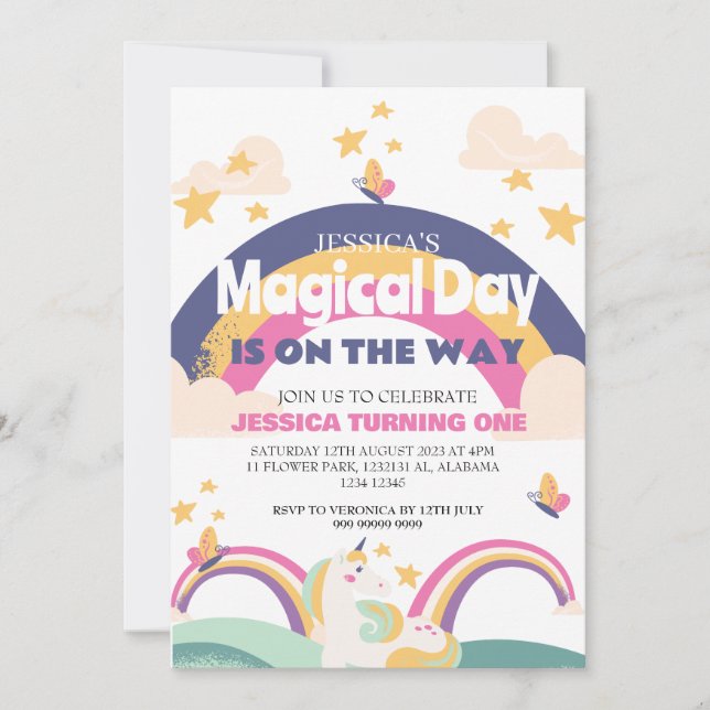 Invitation Simple mignonne fille rose licorne premier anniver (Devant)