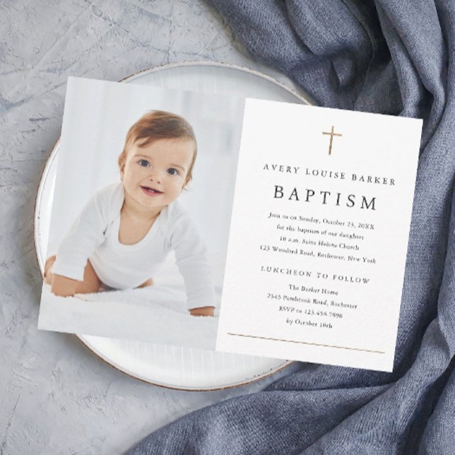 Invitation Simple minimal Gold Cross Baptême religieux (Elegant simple photo baptism invitation with gold accents and minimalist typography.)