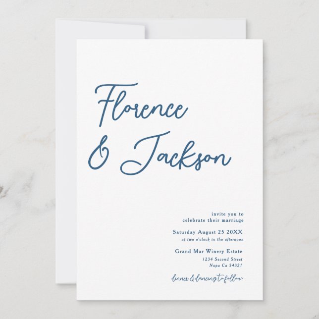 Invitation Simple Minimal Handwritten Wedding Photo Blue  (Devant)