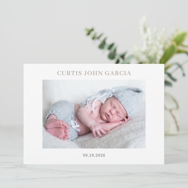 Invitation Simple Minimal Taupe Photo Baby Announcement Card (Debout devant)