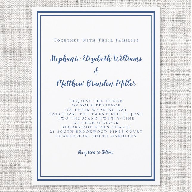 Invitation Simple minimaliste Classique Bleu Blanc Chic Maria (Simple Minimalist Classic Navy Blue White Chic Wedding Invitation)