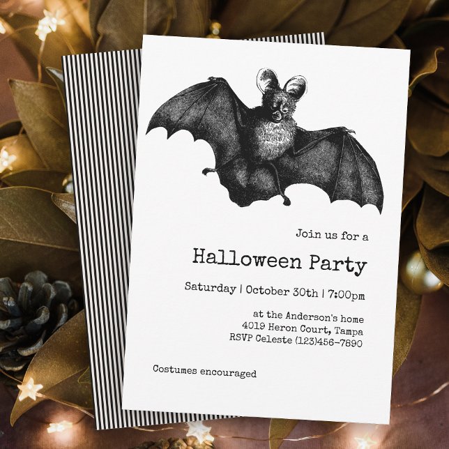 Invitation Simple minimaliste Déplaisant chaume fête d'Hallow (A simple minimal Halloween party invitation with a cool creepy Vintage bat illustration!)