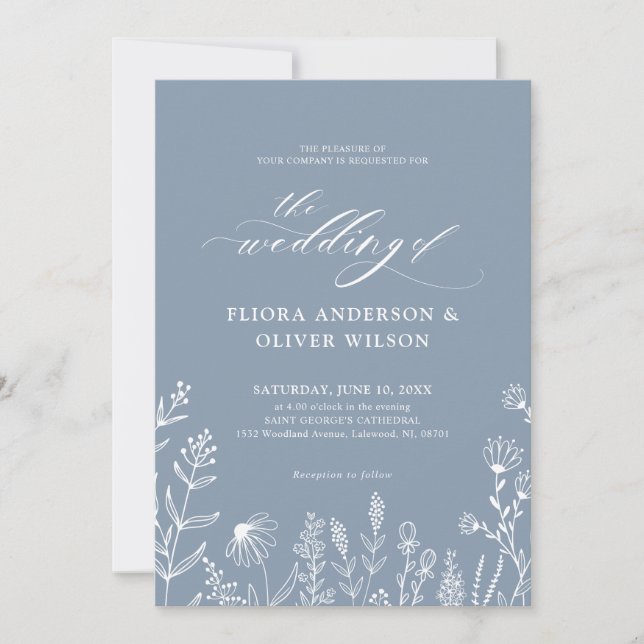 Invitation Simple minimaliste Fleur sauvage Dusty Mariage ble (Devant)