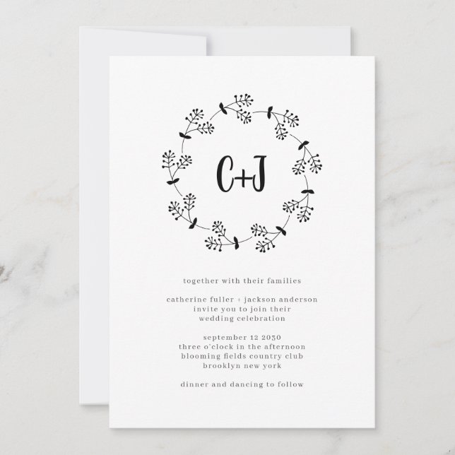 Invitation Simple minimaliste Wreath Russe Monogram Mariage (Devant)
