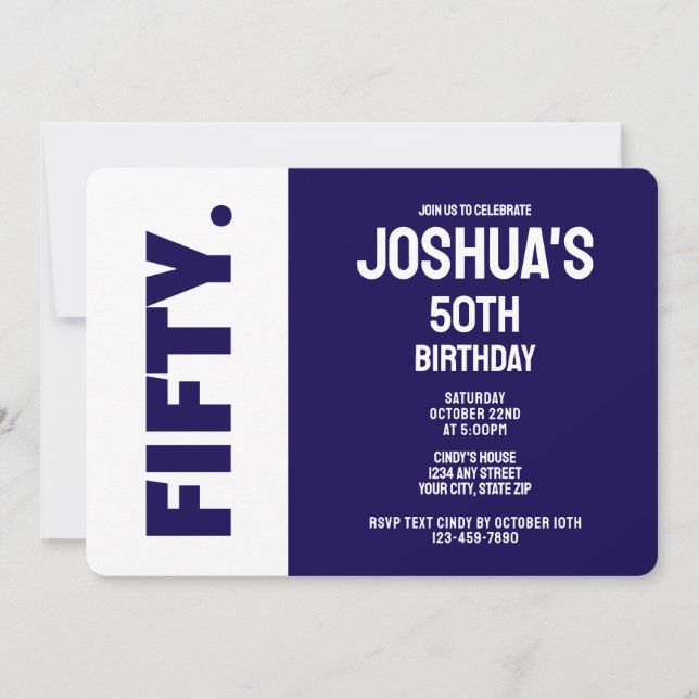 Invitation Simple Modern Blue and White 50th Birthday (Devant)
