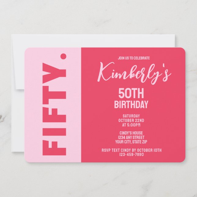 Invitation Simple Modern Bold Pink & Red 50th Birthday (Devant)