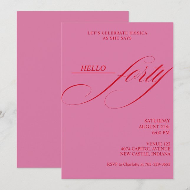 Invitation Simple Modern Caligraphy Forty 40th Birthday Party (Devant / Derrière)
