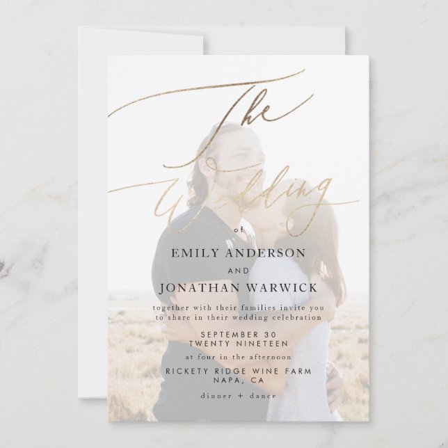 Invitation Simple Modern Gold Calligraphy Mariage photo (Devant)