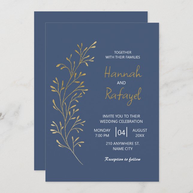 Invitation Simple Modern Gold Leaf Blue Wedding (Devant / Derrière)