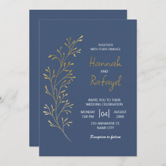 Invitation Simple Modern Gold Leaf Blue Wedding