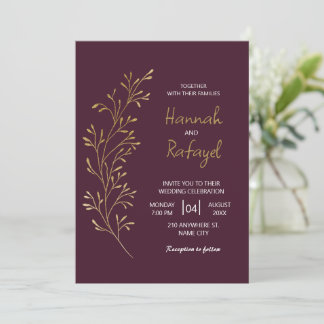 Invitation Simple Modern Gold Leaf Burgundy Wedding