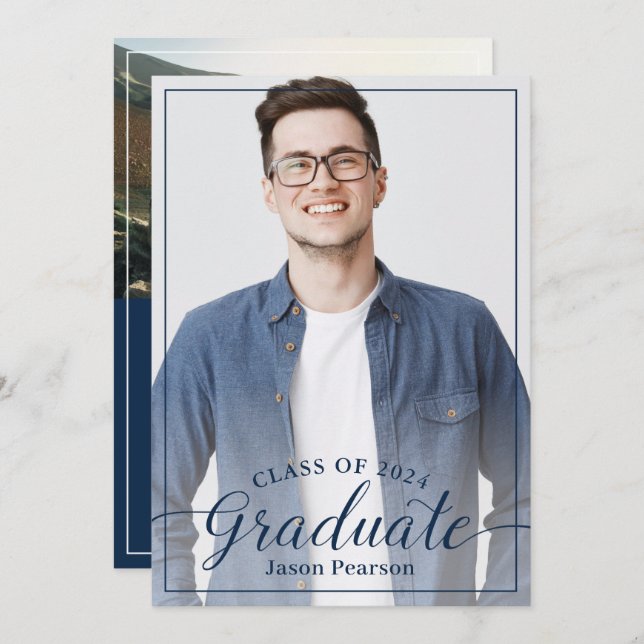 Invitation Simple Modern Navy Blue Script Graduation Photo (Devant / Derrière)