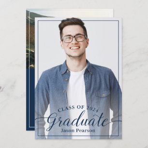 Invitation Simple Modern Navy Blue Script Graduation Photo