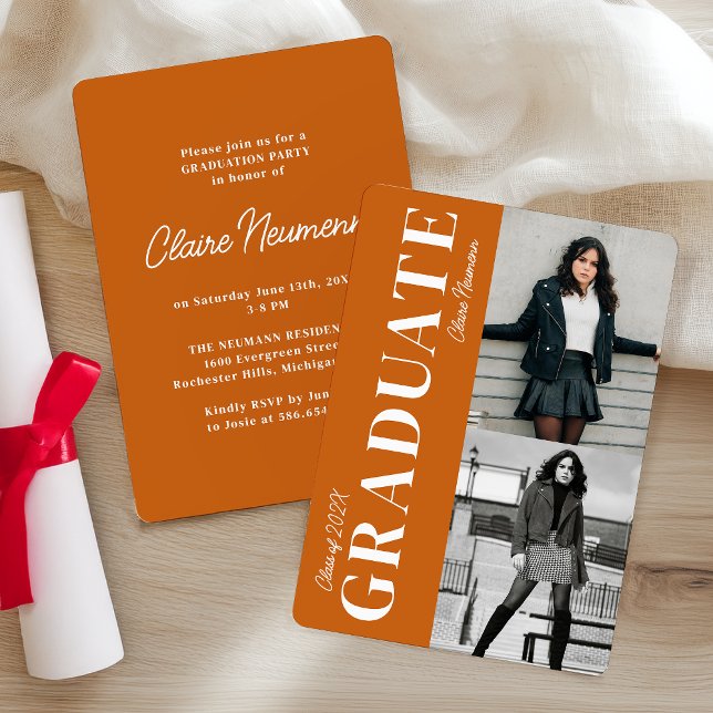 Invitation Simple Modern Orange Photo Graduation Party (Créateur téléchargé)