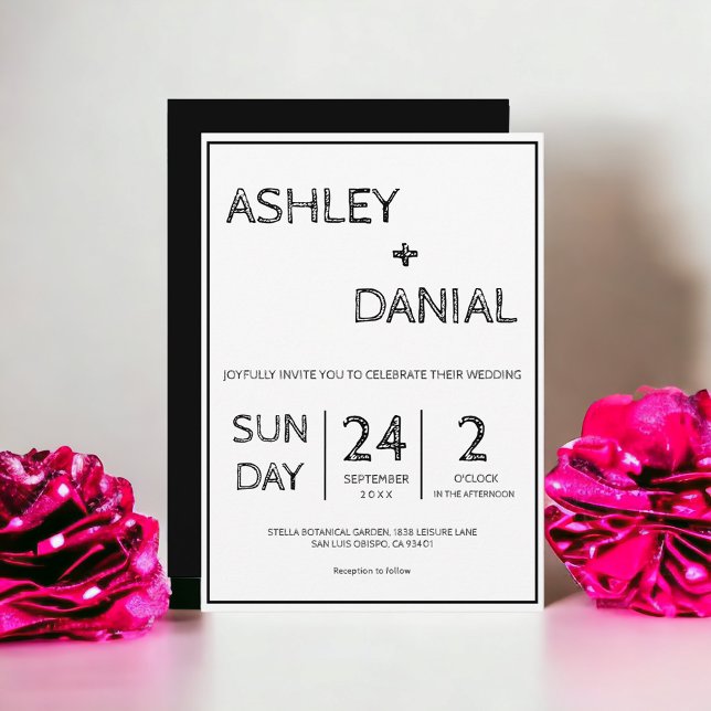 Invitation Simple Modern Sketch Script noir Mariage blanc (Créateur téléchargé)